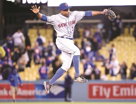 New York Mets right fielder Curtis Granderson celebrates after winning game against the Los Angeles Dodgers at Dodger Stadium. The Mets defeated the Dodgers 4-2. PICTURE: USA TODAY Sports