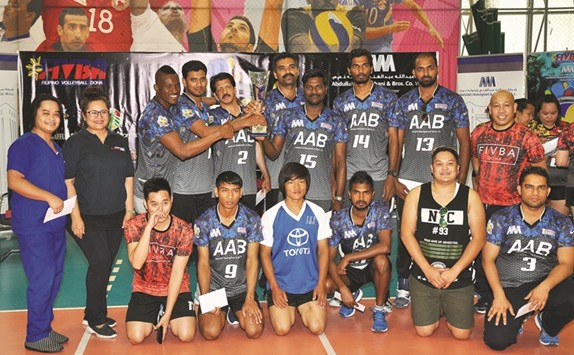 AAB Toyota players celebrate their win in the menu2019s rated category of the FIVBA (Philippines Volleyball) tournament at Qatar Volleyball Association Hall in Doha on Friday. AAB Toyota defeated FIVBA Lions in the final 3-0 (25-23, 25-22, 26-24) to take the trophy. The tournament, which was held for rated and non-rated teams for both men and women, started on March 11.