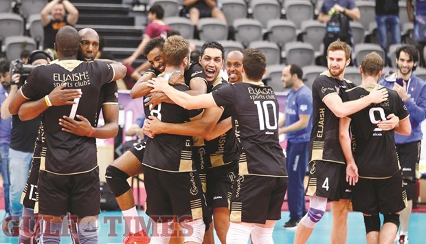 El Jaish players celebrate their win in the third game of the best-of-three semi-final playoff against Al Rayyan in the Emir Cup volleyball tournament at the Ali Bin Hamad Al Attiya Arena yesterday. PICTURE: Jayaram