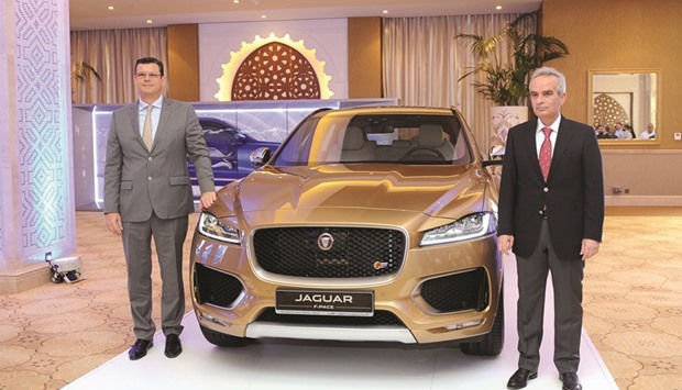 Yann Thepaut, regional business manager for Jaguar Land Rover Mena (left) and Rabih Ataya, general manager, Alfardan Premier Motors unveil the F-Pace at the Marsa Malaz Kempinski, The Pearl-Qatar yesterday. PICTURE: Shaji Kayamkulam