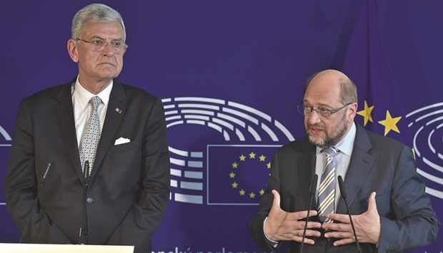 Schulz (right) and Bozkir at the joint press conference after their meeting at the European Parliament in Strasbourg, eastern France.