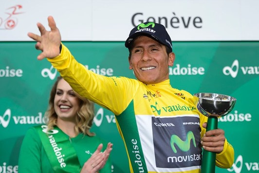 Nairo Quintana of Team Movistar celebrates during the podium ceremony of the last stage of the 70th Tour de Romandie UCI World Tour in Geneva. (AFP)