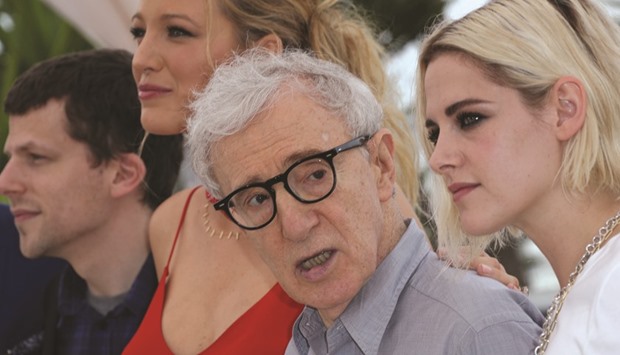 US actors Eisenberg, Lively, and Stewart with director Allen during a photocall for the film Cafe Society.