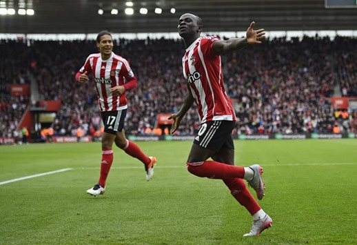 Sadio Mane celebrates after scoring the third goal for Southampton against Manchester City.