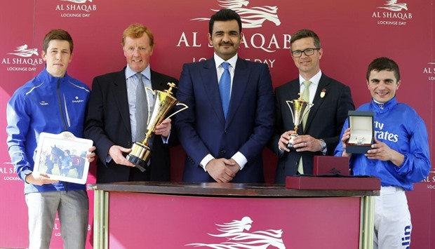 HE Sheikh Joaan bin Hamad al-Thani with the winners of the Al Shaqab Lockinge Stakes at Newbury Racecourse yesterday. Godolphin's Belardo, trained by Roger Varian and ridden by Andrea Atzeni, won the Group 1 race yesterday. PICTURES: Racingfotos
