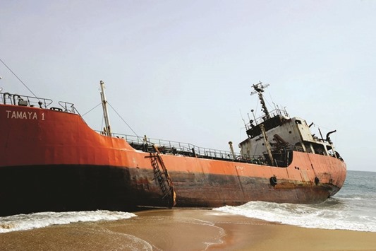 The empty oil tanker that has drifted onto the beach in Robertsport, Liberia.