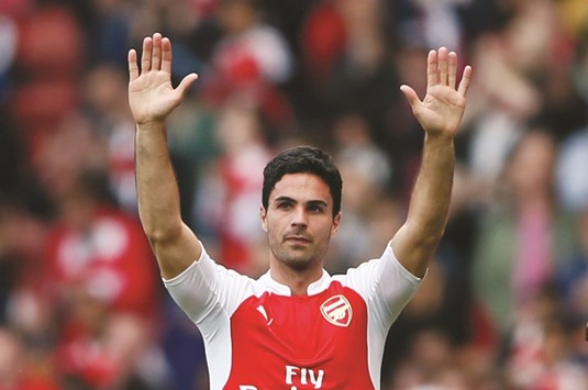 File picture of Arsenalu2019s Mikel Arteta waving to the fans at the end of the match against Aston Villa.