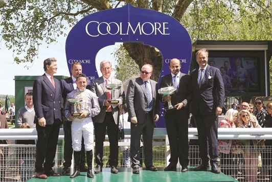Al Shaqab Racing general manager Khalifa bin Mohamed al-Attiyah, Racing manager Harry Herbert, Jemayel trainer Jean-Claude Rouget and jockey Gregory Benoist on the podium after the filly won Pour Moi Coolmore Prix Saint-Alary (Gr1) yesterday.