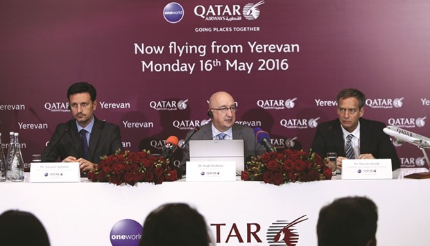 Dr Hugh Dunleavy at a press conference along with Giovanni Simonini, Qatar Airways senior manager, commercial - Eastern Europe, and Marcelo Wende, Zvartnots International Airport general manager.