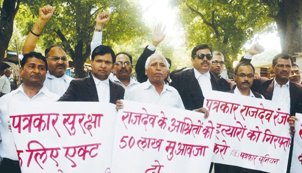 Patna High Court lawyers stage a demonstration against the murder of Rajdeo Ranjan in Patna yesterday.