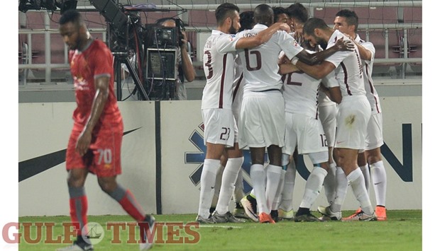 El Jaish players celebrate after scoring against Lekhwiya during their AFC Champions League Round of 16 match yesterday. Pictures: Noushad Thekkayil