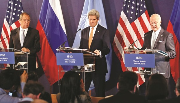 (Left to right) Russian Foreign Minister Sergei Lavrov, US Secretary of State John Kerry and UN Special envoy for Syria Staffan de Mistura address a joint press conference in Vienna, Austria, yesterday.
