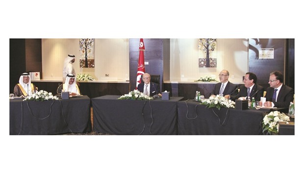 Tunisian President Essebsi (centre) during a meeting yesterday with Qatar Chamber officials, led by chairman Sheikh Khalifa bin Jassim bin Mohamed al-Thani. PICTURE: Jayan Orma