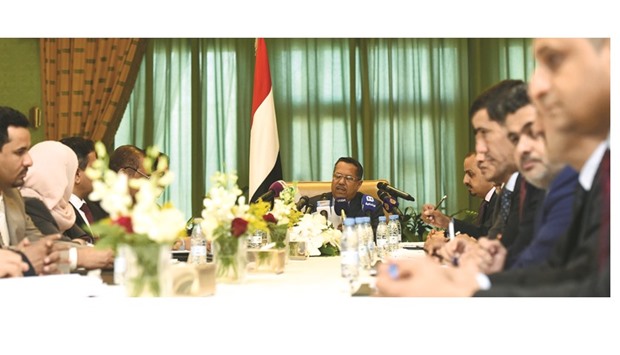 Yemeni Prime Minister Ahmed bin Dagher (centre) heads a cabinet meeting of Yemeni ministerial council held in Riyadh yesterday. Dagher, former secretary general of the General Peopleu2019s Congress party to which Yemenu2019s President Abd-Rabbu Mansour Hadi once belonged, was named as prime minister by Hadi in April.