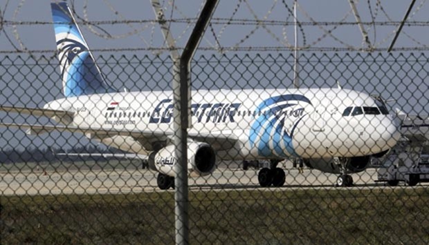 An Egyptair Airbus A320 plane stands on the runway at Larnaca Airport in this file picture