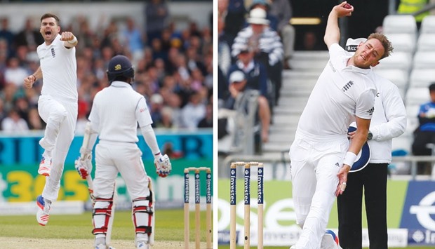 England pace bowlers James Anderson and Stuart Broad (right) took five and four wickets respectively to skittle out Sri Lanka for 91 in their first innings on the second day of the first Test at Headingley in Leeds yesterday. (Reuters, AFP)