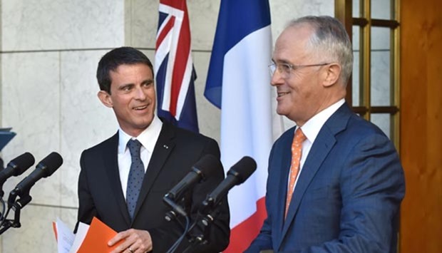 French Prime Minister Manuel Valls (left) speaks during a press conference with Australian Prime Minister Malcolm Turnbull at Parliament House in Canberra on Monday.