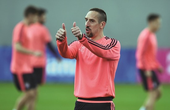 Bayern Munichu2019s French midfielder Franck Ribery gestures during the final team training session one day prior to the Champions League semi-final against Atletico Madrid.