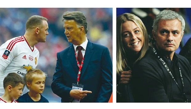 File picture of Man United manager Louis van Gaal (R) talking to Wayne Rooney. (Right) File picture of Jose Mourinho.