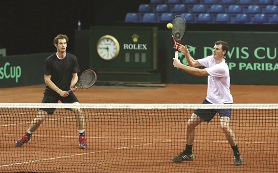 In this November 25, 2015, picture, Great Britain's Jamie Murray (right) and Andy Murray take part in a practice session ahead of the Davis Cup final against Belgium. (Reuters)