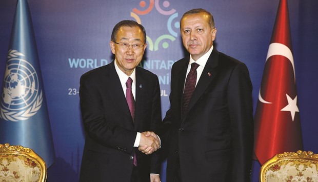 Turkish President Tayyip Erdogan shakes hands with UN Secretary-General Ban Ki-moon ahead of the World Humanitarian Summit in Istanbul yesterday.