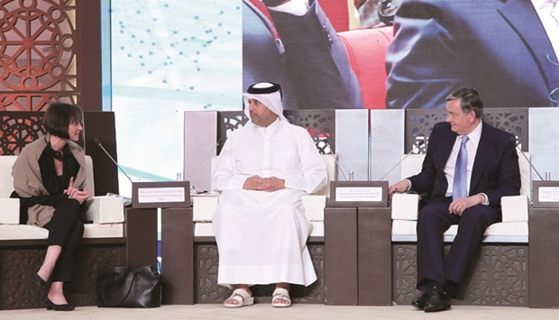 HE the Minister of Economy and Commerce Sheikh Ahmed bin Jassim bin Mohamed al-Thani at the Doha Forum yesterday.