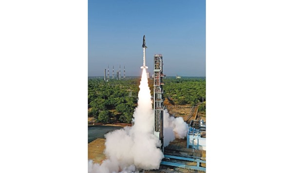 A u201cReusable Launch Vehicleu201d or RLV-TD is launched from Sriharikota on the southeast coast of India yesterday. The shuttle was developed on a budget of just Rs1bn, a fraction of the billions of dollars spent by other nationsu2019 space programmes.