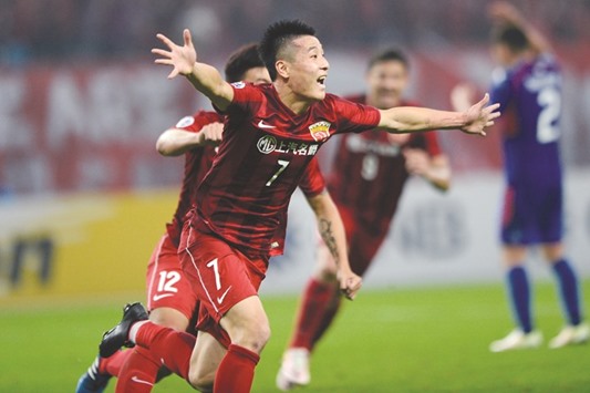 Wu Lei (front) of Chinau2019s Shanghai SIPG celebrates after scoring a goal during the AFC Champions League round of 16 second leg tie against Japanu2019s FC Tokyo.