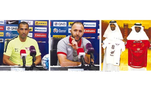 El Jaish coach Sabri Lamouchi (L) and Lekhwiya coach Djamel Belmadi during the pre-match press conference yesterday ahead of their AFC Champions League Round of 16 tie. PICTURES: Anas Khalid