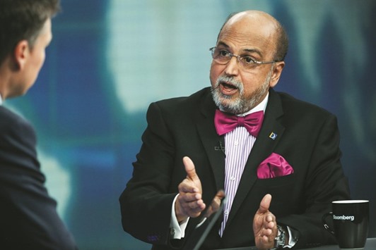 Dr Seetharaman gestures as he speaks during a Bloomberg Television interview in London on March 3. Amid tight liquidity, Doha Bank is also planning to expand its foreign operations to compensate for slower growth in Qatar, he said yesterday.