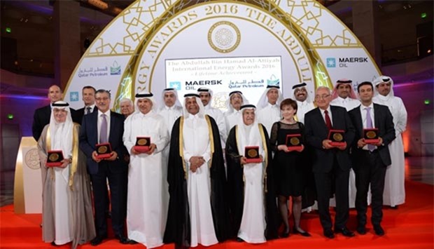 This year's winners of the 2016 u201cAbdullah Bin Hamad Al-Attiyah International Energy Awardsu201d with other dignitaries. PICTURES: Thajudheen.