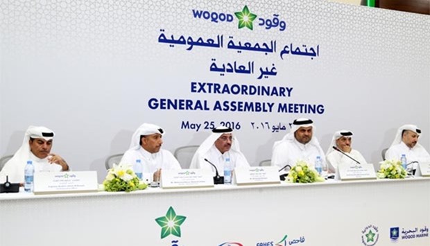 Woqod chairman Sheikh Saoud bin Abdulrahman bin Hassan al-Thani presides over the fuel company's annual general meeting (AGM) yesterday. PICTURE: Jayan Orma.