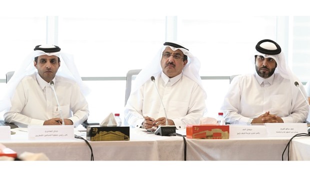 DCMFu2019s Jaber al-Marri, Saleh Hamad al-Shawi and Gulf  Timesu2019 Darwish S Ahmed at the meeting yesterday: PICTURE: Jayan Orma.