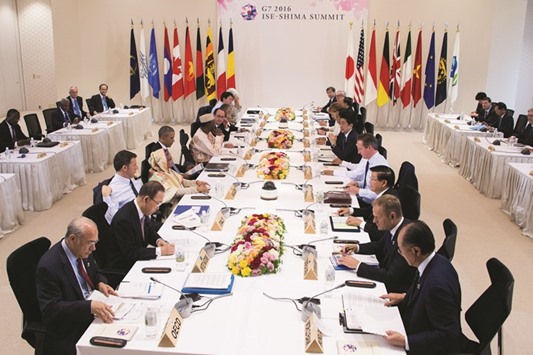 Leaders attend the second day of the Group of Seven summit in Ise Shima, Japan yesterday. The G7 industrial powers pledged yesterday to seek strong global growth, while papering over differences on currencies and stimulus policies.