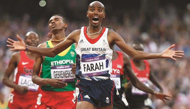 File picture of Britainu2019s Mo Farah reacting as he wins the menu2019s 5,000m final at the London 2012 Olympic Games at the Olympic Stadium.