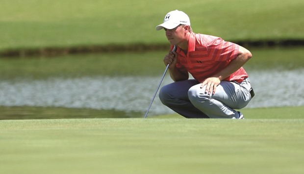 Jordan Spieth lines up a putt on the 16th green during the 2nd round of the Dean & Deluca Invitational on Friday. (AFP)