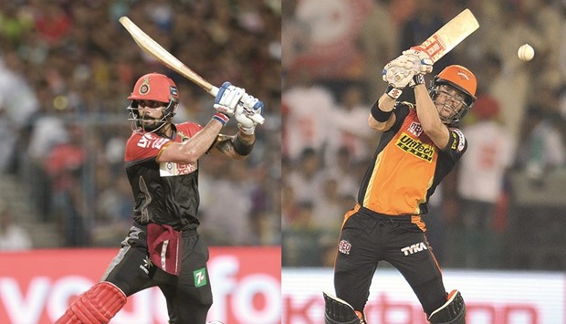 Virat Kohliu2019s (left) Royal Challengers Bangalore and David Warneru2019s Sunrisers Hyderabad will clash in the Indian Premier League final today at the M Chinnaswamy stadium in Bangalore today. (AFP)