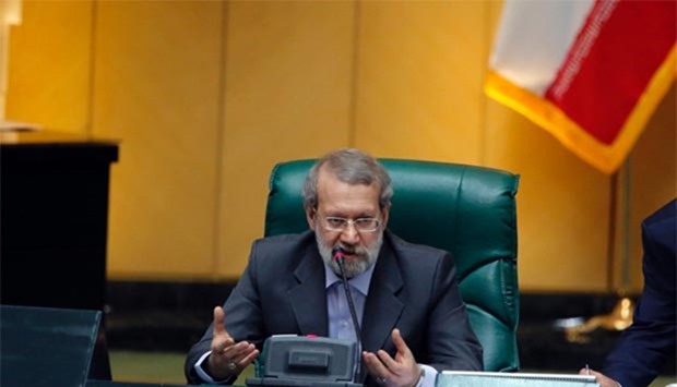Iran's re-elected parliament speaker Ali Larijani speaks following the announcment of the result in Tehran on Sunday.