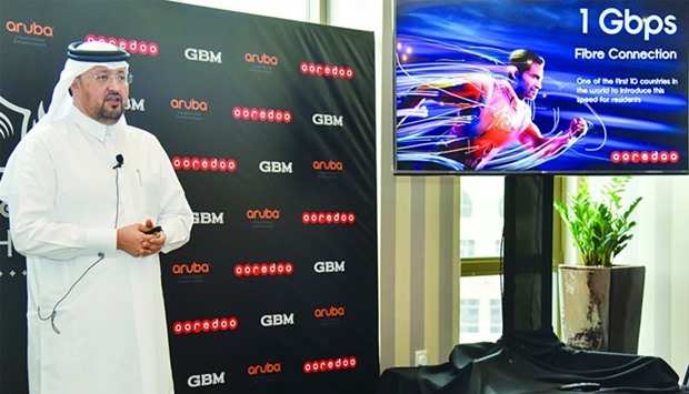 Ooredoo Qatar CEO Waleed al-Sayed introduces the country's first 1Gbps fibre plan. PICTURE: Noushad Thekkayil.