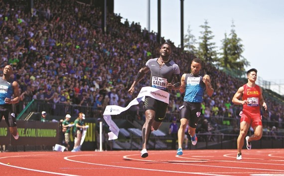 Justin Gatlin of the United States wins the 100m dash at Hayward Field in Eugene, Oregon. (Getty Images/AFP)