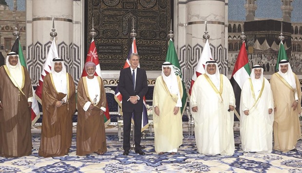 (Left to right) Kuwaitu2019s Foreign Minister Sheikh Sabah al-Khaled al-Sabah, Qataru2019s Foreign Minister HE Mohamed bin Abdulrahman al-Thani, Omanu2019s Foreign Minister Yusuf bin Alawi, Britainu2019s Foreign Secretary Philip Hammond, Saudi Foreign Minister Adel al-Jubeir, Bahrainu2019s Foreign Minister Khalid bin Ahmed al-Khalifah, UAE Minister of State for Foreign Affairs Anwar Gargash and GCC Secretary General Abdullatif bin Rashid al-Zayani pose for a picture following a meeting with foreign ministers of the GCC in Jeddah yesterday.