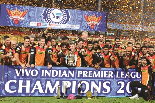Sunrisers Hyderabad team celebrate after their victory over Royal Challengers Bangalore to win the 2016 Indian Premier League  at the M Chinnaswamy Stadium in Bangalore on Sunday. (AFP)