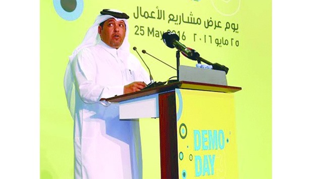 Hamad al-Kuwari, QSTPu2019s managing director speaking at the event.