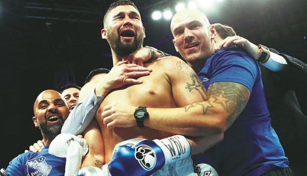 Actor and boxer Tony Bellew is overcome with emotion after winning his WBC cruiserweight title bout against Ilunga Makabu at Goodison Park on Sunday. (Action Images via Reuters)