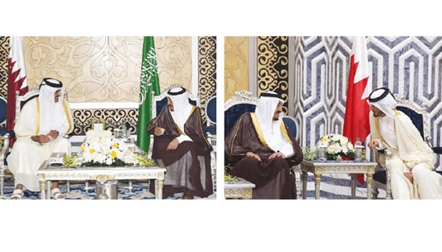 HH the Emir Sheikh Tamim bin Hamad al-Thani and HH Sheikh Jassim bin Hamad al-Thani, personal representative of HH the Emir, holding talks with the Custodian of the Two Holy Mosques King Salman bin Abdulaziz al-Saud of Saudi Arabia in Jeddah yesterday.