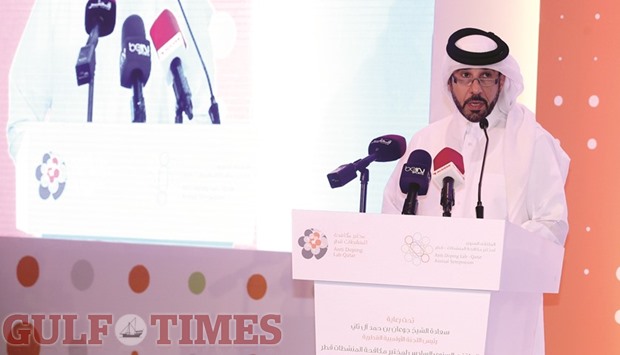 Qatar Olympic Committee secretary general Dr Thani Abdulrahman al-Kuwari speaks at the Anti-Doping Lab Qataru2019s sixth annual forum in Doha yesterday. PICTURE: Anas Khalid