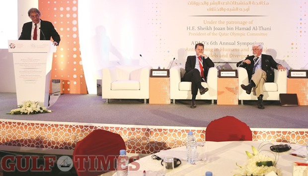 WADA director general David Howman (left) speaks at u2018Anti-Doping in Humans and Animalsu2019 conference in the presence of incoming director general Olivier Niggli (right) in Doha yesterday. PICTURE: Anas Khalid