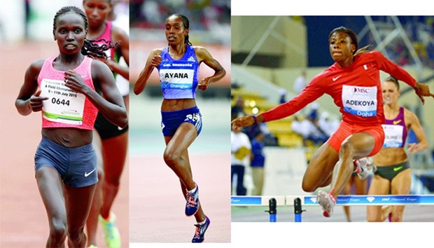 World champions Almaz Ayana of Ethiopia and Kenyan Vivian Cheruiyot (left) will face off in the 3,000m in Doha. At right, Kemi Adekoya of Bahrain will be among favourites in 400m hurdles.