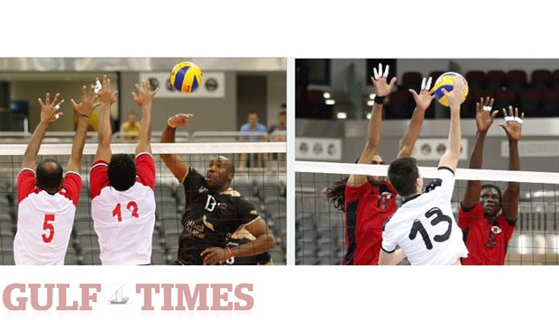 El Jaish (in black) defeated Shamal 3-0 (25-19, 25-22, 25-21) in the Emir Cup volleyball quarter-final yesterday at the Ali Bin Hamad Al Attiyah Arena. Right: Al Rayyan (in red) defeated Al Sadd 3-0 (25-15, 25-17,  25-18) in the other quarterfinal. Jaish and Rayyan will play best-of-three semifinal playoff on May 7. PICTURES: Jayaram