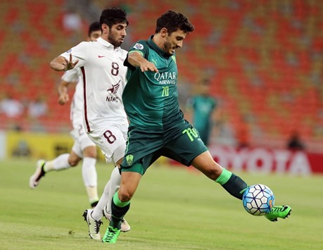 Marquino (right) of Saudi club Al Ahli vies for the ball with El Jaishu2019s Yousef Muftah during their AFC Champions League group D match in Jeddah yesterday. (AFP)